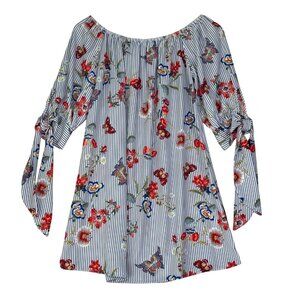 Karlie Blue Striped Floral Elastic Off-Shoulder 3/4 Tie-Sleeve Tunic Top Size S
